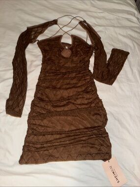 SHEIN Brown Textured Ruched Long Sleeve Bodycon Dress